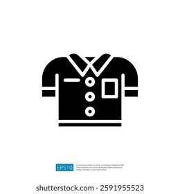 A simple black icon representing a short-sleeved shirt with a collar and a pocket. It symbolizes clothing and fashion design.