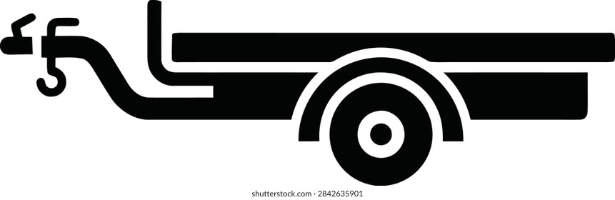 A simple black icon representing a single axle utility trailer, commonly used for transportation and logistics, isolated on white background.