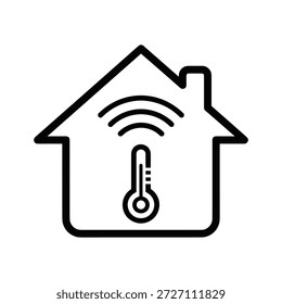Icono negro simple que representa el control inteligente de la temperatura del hogar con el termómetro y la señal de WiFi