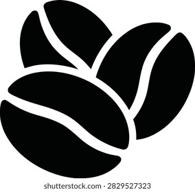 A simple black icon representing three coffee beans, commonly used for coffee shops, cafes, beverage menus, and caffeine-related branding.