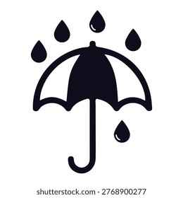 A simple black icon representing an umbrella with rain drops falling around it.