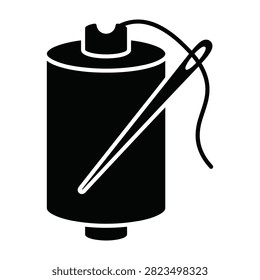 A simple black icon of a sewing needle and thread on a spool, representing sewing notions and tools for craft and textile projects