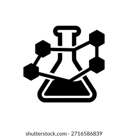 Un simple ícono negro que muestra un matraz y Formas moleculares hexagonales conectadas.