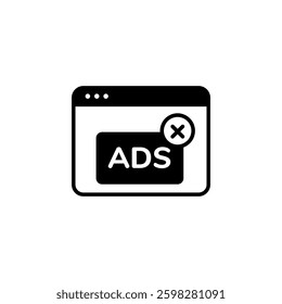 Simple black icon showing an ad popup with a cross mark to indicate the action of blocking ads.