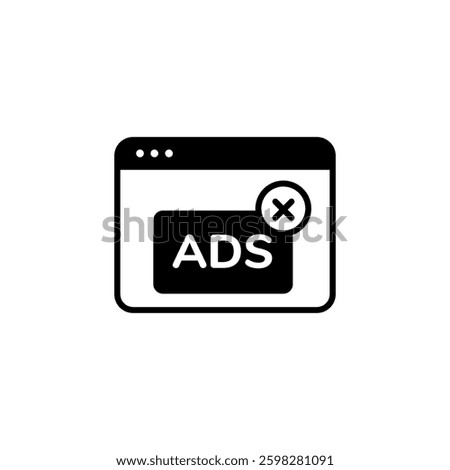 Simple black icon showing an ad popup with a cross mark to indicate the action of blocking ads.