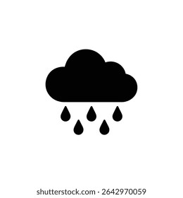 Simple black icon showing a cloud with five raindrops falling from it, set against a plain white background. Weather forecast design, suitable for apps and graphics.