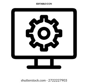 Un ícono negro simple que muestra un monitor de computadora con un engranaje en el interior, que indica las Configuraciones del sistema.