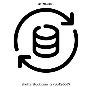 Icono negro simple que muestra una base de datos dentro de un proceso de sincronización de flechas circulares.