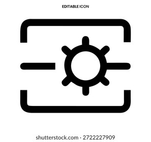 Ícone preto simples que mostra uma engrenagem dentro de um retângulo, representando ajustes ou ajustes.