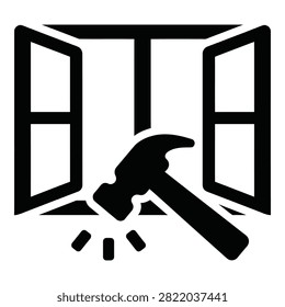 Simple black icon showing a hammer smashing through a window, symbolizing breaking barriers, emergency exit, or destructive force for web design.