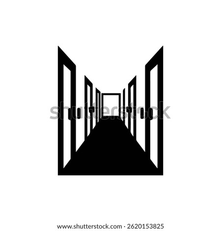 A simple black icon showing a hotel hallway with closed doors, symbolizing hotel corridor and guest rooms