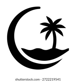 Icono negro simple que muestra una luna con una isla tropical y palmera en el interior.
