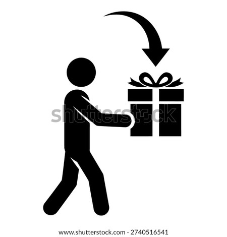 A simple black icon showing a person carrying a gift box with a downward arrow. This represents concepts like delivery, giving, rewards, or special offers.