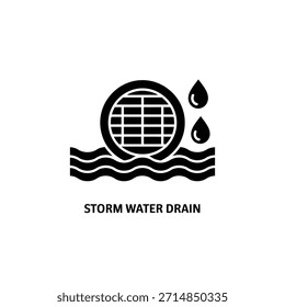 Icono negro simple que muestra un drenaje de tormenta, gotas de agua y agua ondulada debajo.