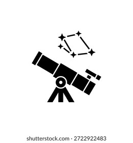 Simples ícone preto mostrando um telescópio apontado para uma constelação de estrelas no céu noturno.