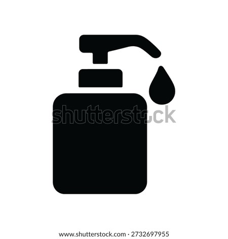 A simple black icon of a soap dispenser with a single drop of liquid coming out, on a clean white background, in a minimalist style