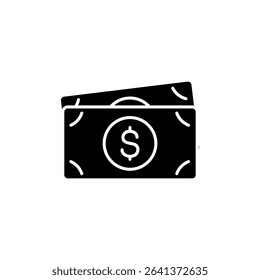 Simple black icon of a stack of dollar bills.  Represents money, finance, and wealth.