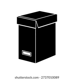 A simple black icon of a storage box, perfect for representing organization, archiving, and document management.