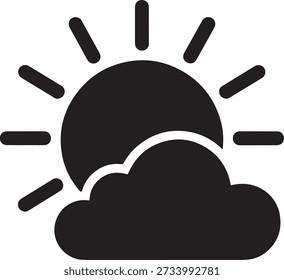 Simple black icon of sun rising behind cloud with rays isolated on white background