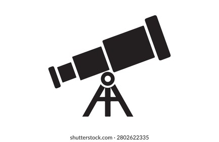 A simple black icon of a telescope on a tripod isolated on white background