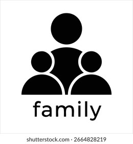 Simple black icon of three people figures and the word family symbol group