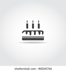 Simple black icon. Trasparent birthday cake with chocolate drip and three candles.