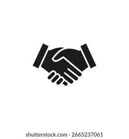 A simple black icon of two hands shaking, representing agreement, partnership, or a deal, isolated on a white background.