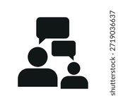 A simple black icon of two people talking to each other in silhouette mode