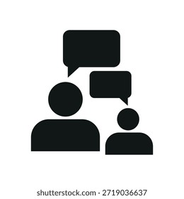 Un simple icono negro de dos personas hablando entre sí en modo silueta