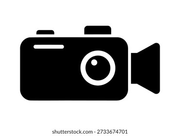 Simple black icon of video camera, lens, recording, filming, technology, equipment
