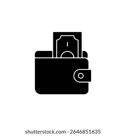 Icono negro simple de una billetera con un solo billete en el interior, que representa conceptos financieros.