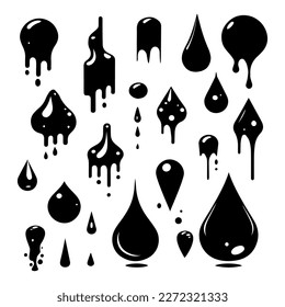 Simple black iconic shapes of drops of oil, liquid.