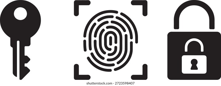 Los iconos negros simples son la huella digital y la cerradura que simbolizan la seguridad y la autenticación en un fondo blanco que representa la seguridad y la privacidad digitales que capturan perfectamente la esencia de la protección y la verificación en un entorno minimalista