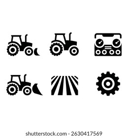 Simple Black Icons of Farm Tractors Implements and Gears