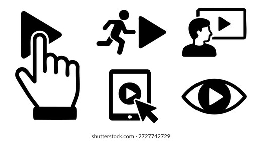 Ícones pretos simples ilustrando controles interativos de mídia e o envolvimento do usuário em uma interface digital