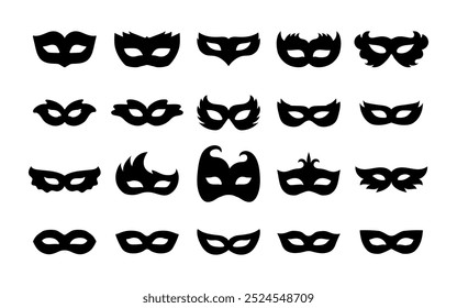 Einfache schwarze Ikonen von Maskerade Masken, für Party, Parade und Karneval, für Mardi Gras und Halloween. Set von Karneval Masken Silhouetten. Maskenelemente können als isoliertes Zeichen, Symbol oder Symbol verwendet werden.