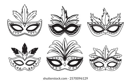 Simple black icons of masquerade masks with feathers, for party, parade and carnival, for Mardi Gras and Halloween. Set of carnival masks silhouettes. Eye mask can be used as isolated sign or symbol