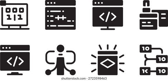 Simple black icons on a white background represent various coding and software development concepts, suitable for use in tech related projects and presentations.