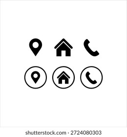 Iconos negros simples sobre fondo blanco que representan la ubicación, el hogar y el teléfono, en dos estilos diferentes.