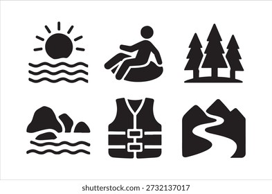 Simple black icons represent kayaking, hiking, mountains, and essential outdoor safety equipment.