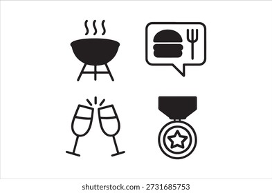 Iconos negros simples que representan la parrilla, la comida, las bebidas y un premio o logro.