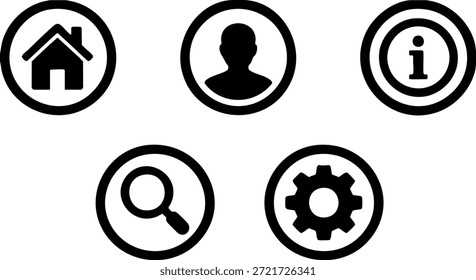 Simple black icons representing home, user, information, search, and settings on a white background