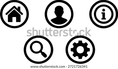 Simple black icons representing home, user, information, search, and settings on a white background