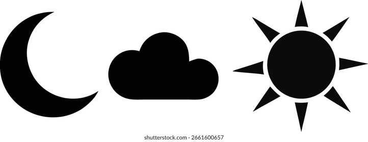 Ícones pretos simples representando nuvens noturnas e condições meteorológicas diurnas.