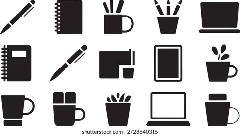 Iconos negros simples que representan los suministros de oficina y la tecnología, incluyendo cuadernos, bolígrafos, tazas, computadoras portátiles y plantas dispuestas sobre un fondo blanco limpio.