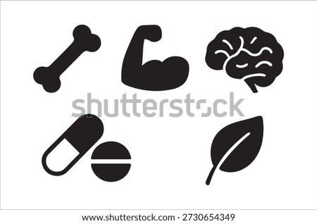 Simple black icons representing physical strength, brain health, medication, and natural remedies.