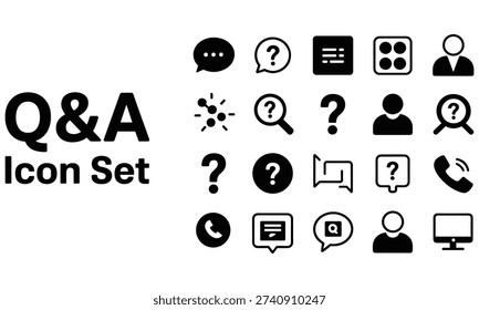 Simple black icons representing qanda concept on white background used for web design and user interface elements including question marks, speech bubbles, and communication symbols effectively conveying information and inquiry.