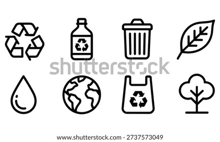 Simple black icons representing recycling and eco-friendly practices including recycling symbol, plastic bottle, trash can, leaf, water droplet, earth, reusable bag, and tree, promoting environmental sustainability on a clean white background.