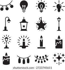 Iconos negros simples que representan varias fuentes de luz, incluidas bombillas, lámparas, faroles, velas y estrellas, dispuestos ordenadamente sobre un fondo blanco para facilitar su uso en proyectos de diseño y decoración.