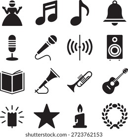 Iconos negros simples que representan varios Elementos de la interpretación y la celebración, como instrumentos musicales, premios y símbolos de alegría sobre un fondo blanco limpio.